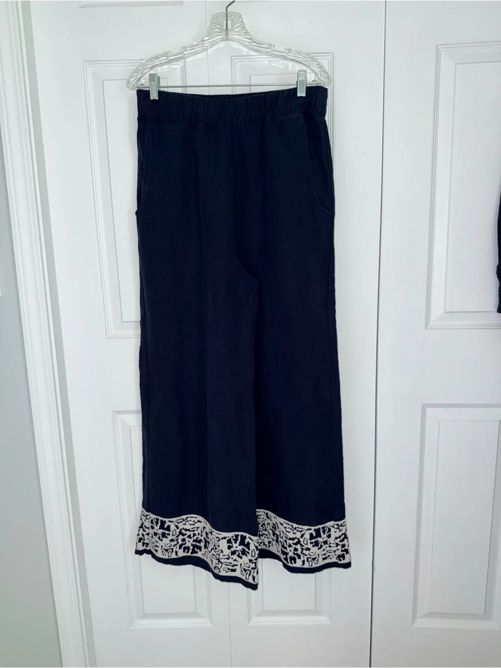 Banana Republic High-Rise Wide-Leg Embroidered Boho Tencel Linen Pants Navy M